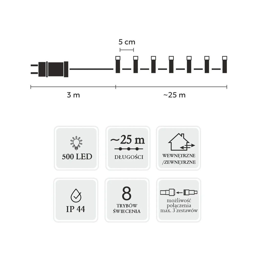 Lampki LED Extralink 500L, 3+25 m, wewn/zewn, zimny biały