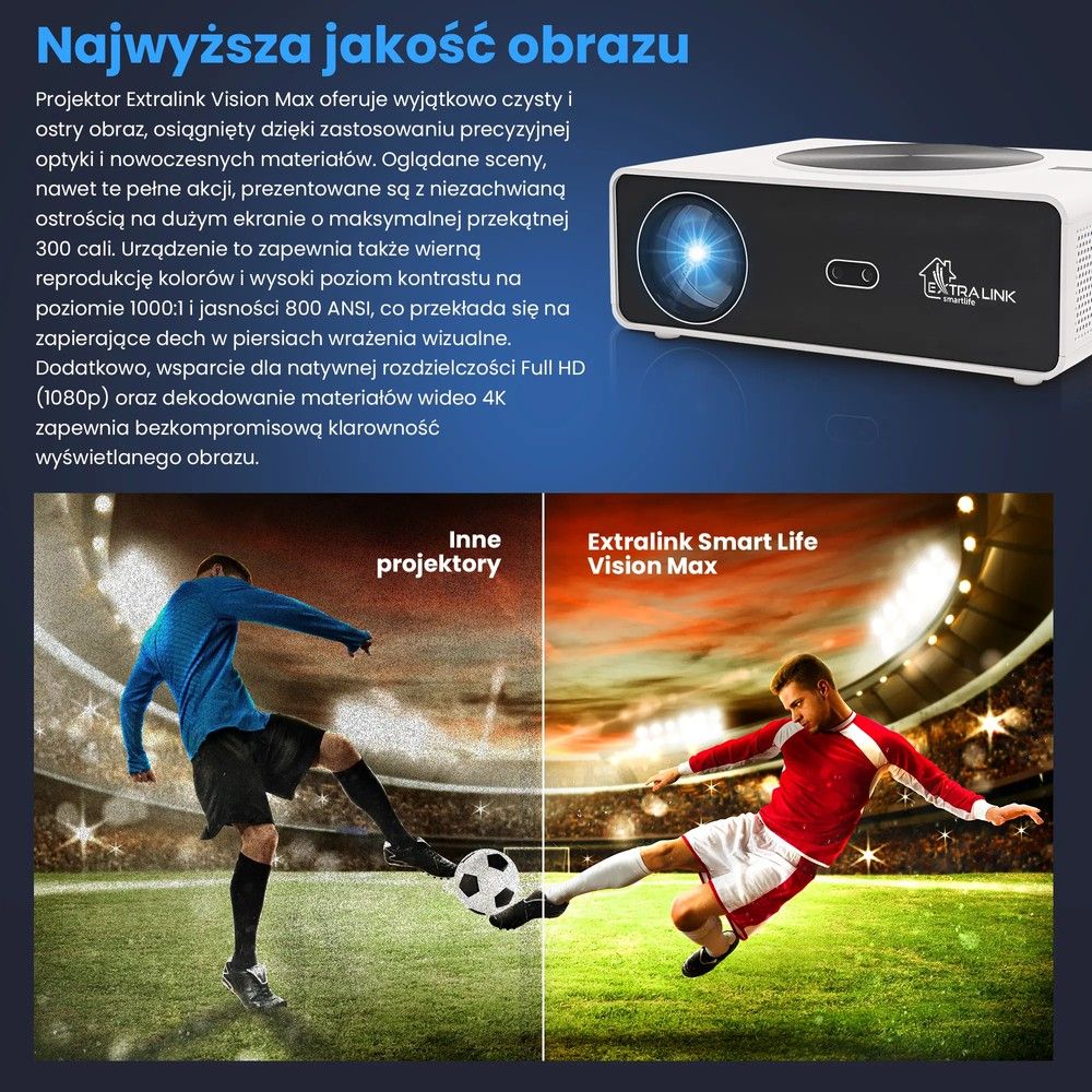 Projektor Extralink Smart Life Vision Max 800 ANSI, 1080p, Android 12.0
