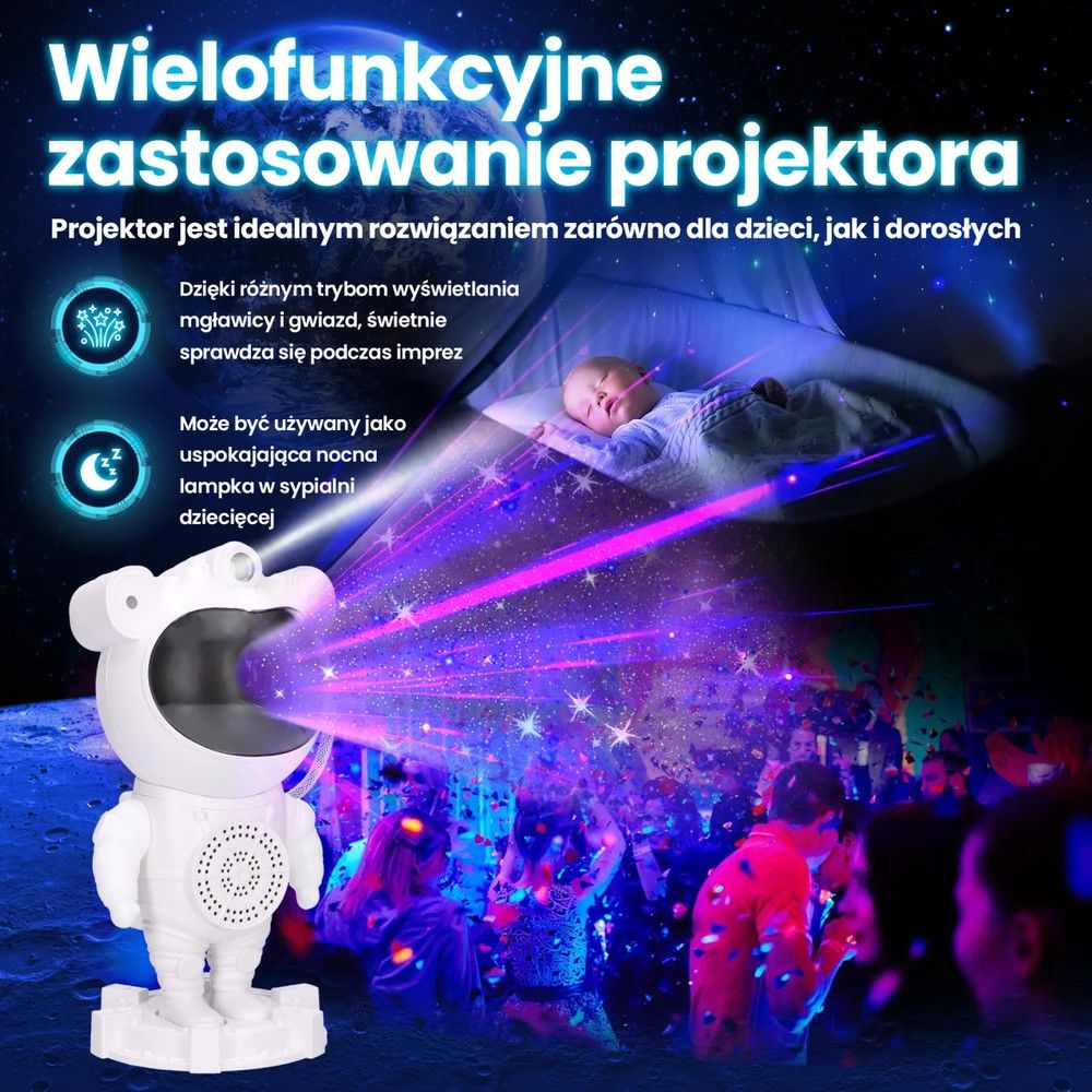 Lampka nocna astronauta, rzutnik, głośnik Bluetooth, Extralink Home, projektor gwiazd dla dzieci