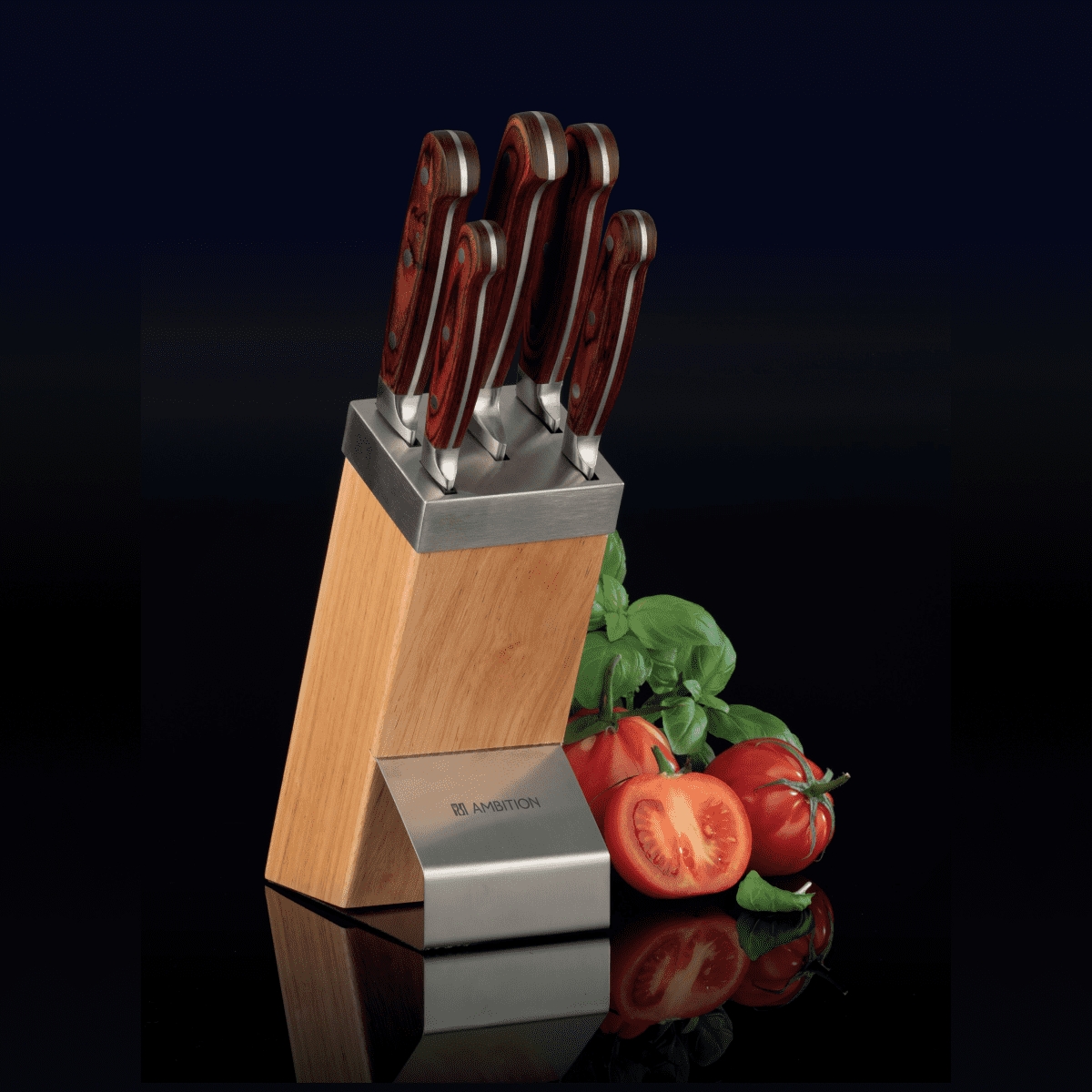 Komplet noży kutych w drewnianym bloku 6el. AMBITION TITANIUM