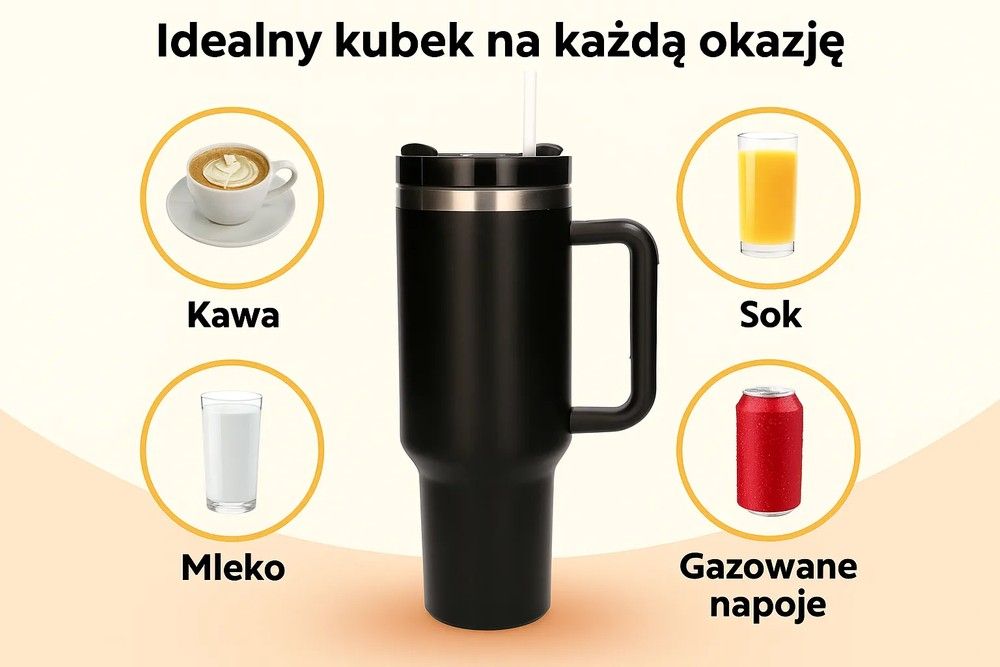 Black Forest | Kubek termiczny ze słomką | termos z uchwytem 1200ml czarny