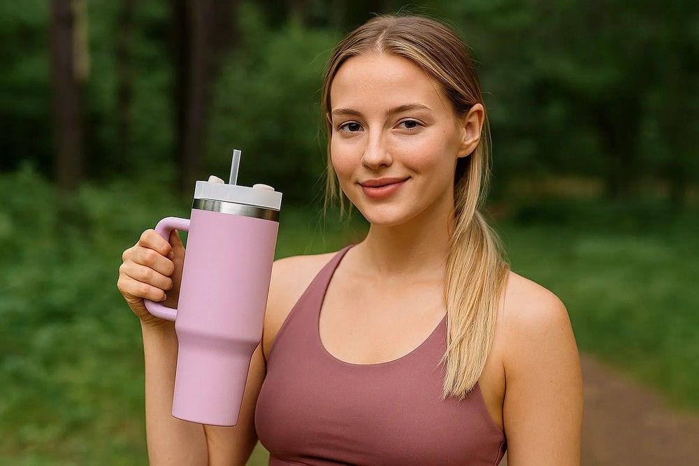 Black Forest | Kubek termiczny ze słomką | termos z uchwytem 1200ml pudrowy róż